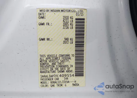 2015 Nissan Altima 2.5 Sv из США, поврежденный, VIN 1N4AL3AP7FC409554